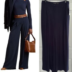 Lauren Ralph Lauren Wide Leg Pants 8 Navy Blue Pleated Front High Rise Trousers